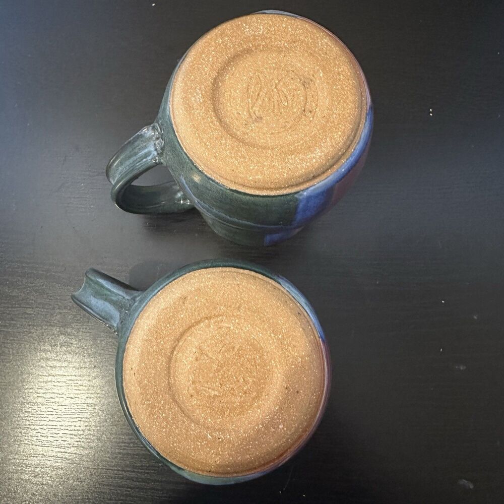 Set Of Two Artisan Handmade Pottery Mugs Red Green Blue Uneven - Picture 9 of 9